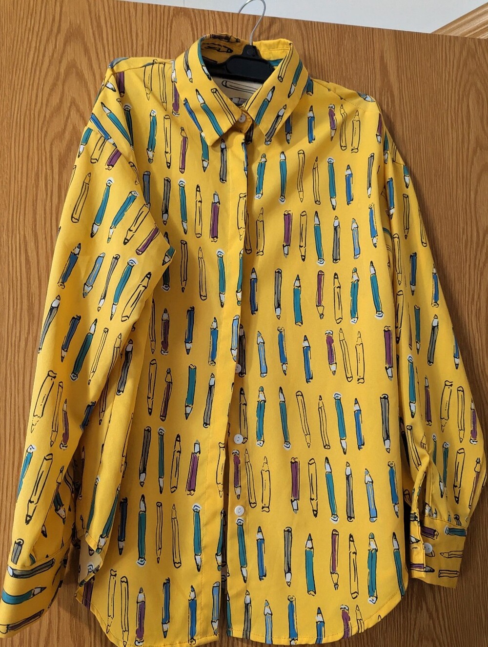 Yellow Pencil-Print Women's Button-Up Shirt